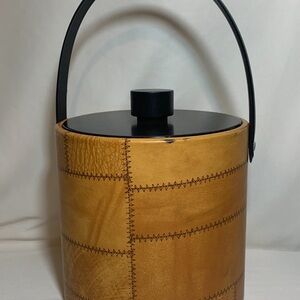 Vtg. Irvinware mid-century modern tan and black faux patched leather ice bucket